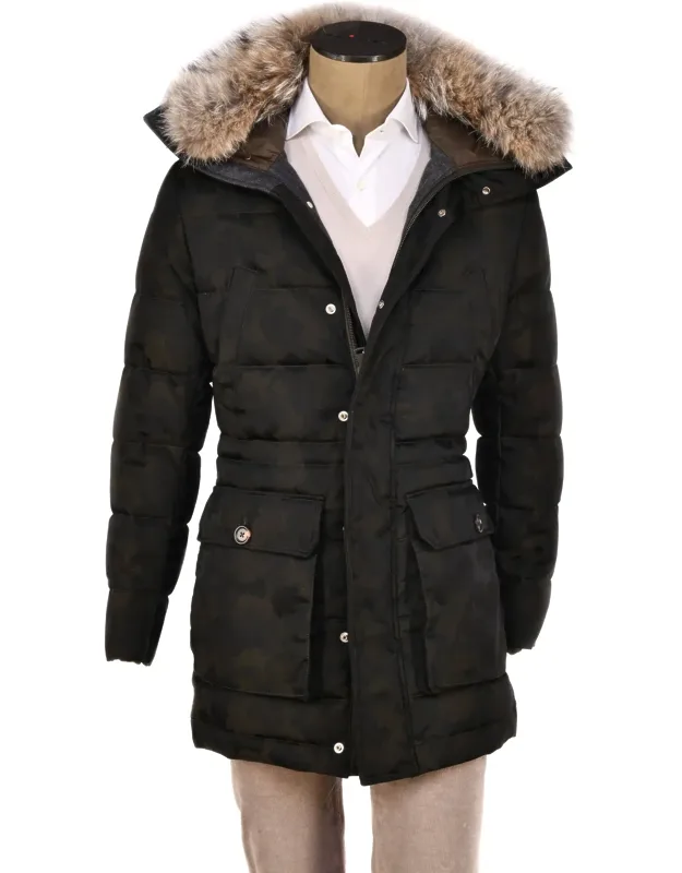 Camo Nylon-wool Coat With Removable Fur Trim Hood