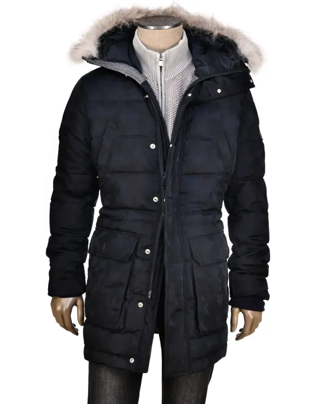 Camo Nylon-wool Coat With Removable Fur Trim Hood