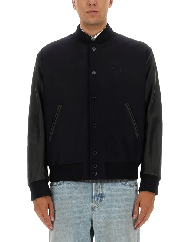 Wool Bomber Jacket With Leather Sleeves