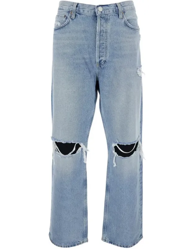 Light Blue Jeans With Ripped Details And Logo Patch