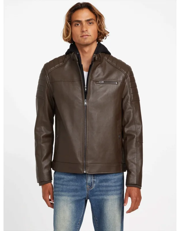 Faux-leather Hooded Moto Jacket
