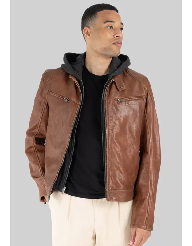 Mauritius Traditional Fit Leather Bomber Jacket With Removable Hood