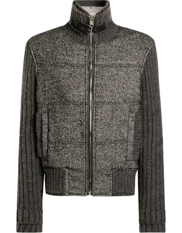 Herringbone-pattern Ribbed-knit Bomber Jacket
