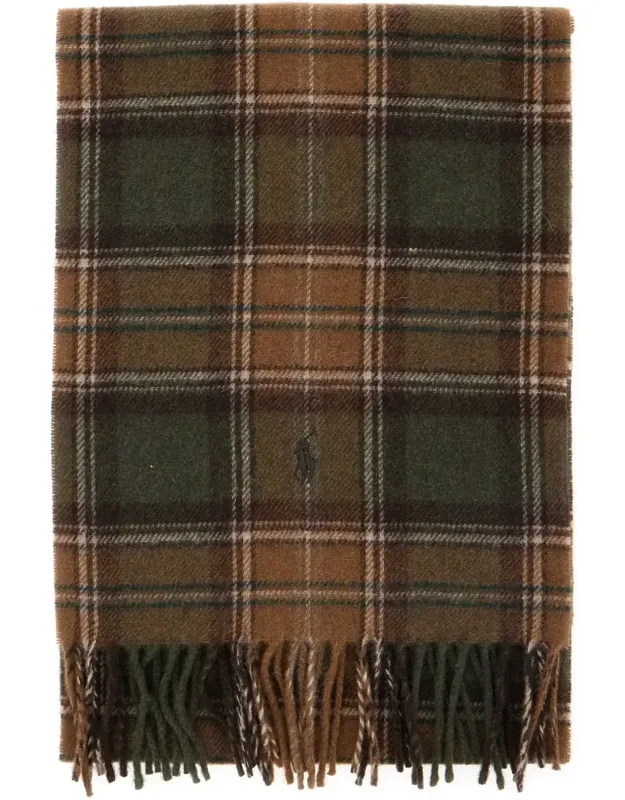 Brown Scarf With Pony Embroidery And All-over Check Motif In Wool