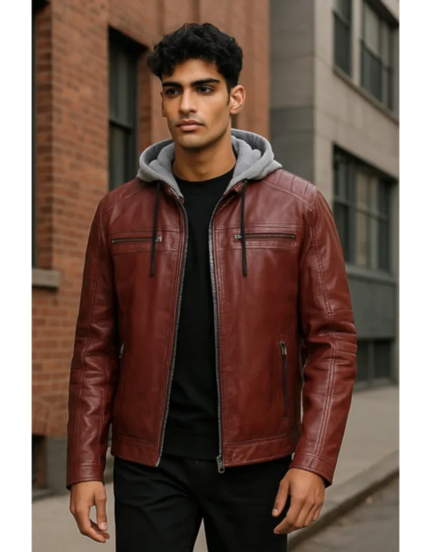 Hooded Biker Lamb Leather Jacket