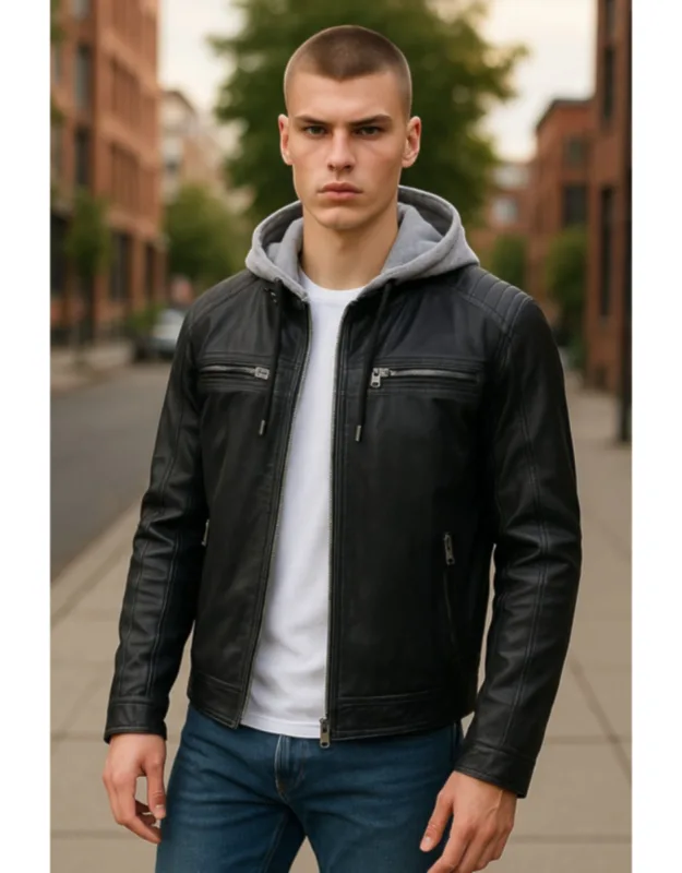 Hooded Biker Lamb Leather Jacket