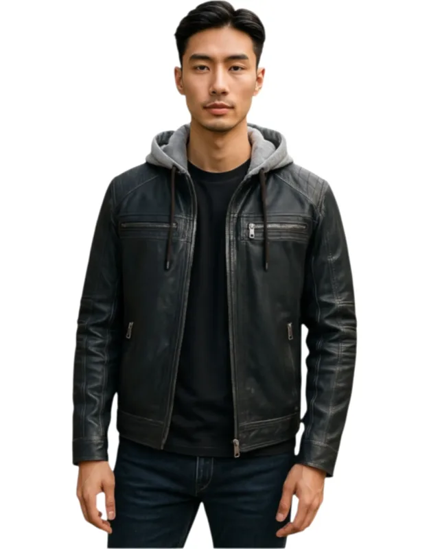 Hooded Biker Lamb Leather Jacket