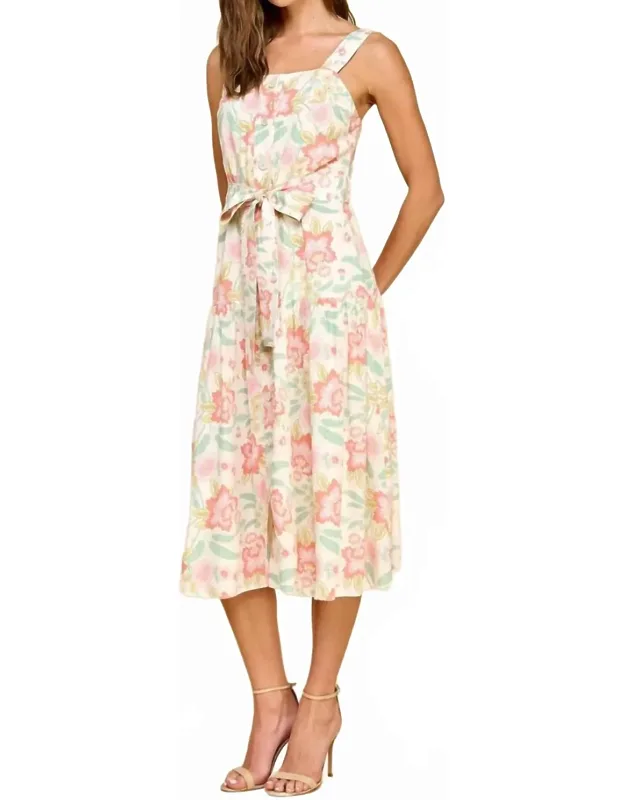Floral Print Button Down Flowy Hem Midi Dress