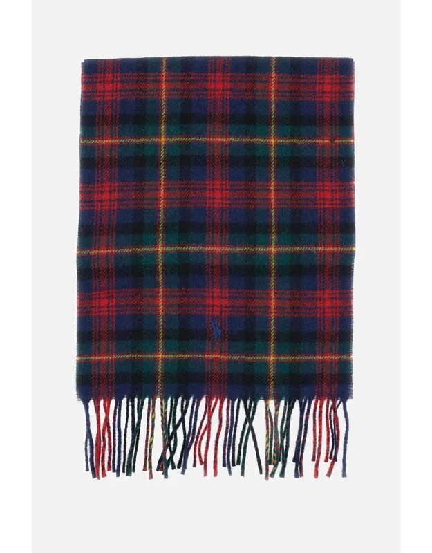 Scarf In Recycled Wool With Fringes And Multicolor Check Plaid Pattern