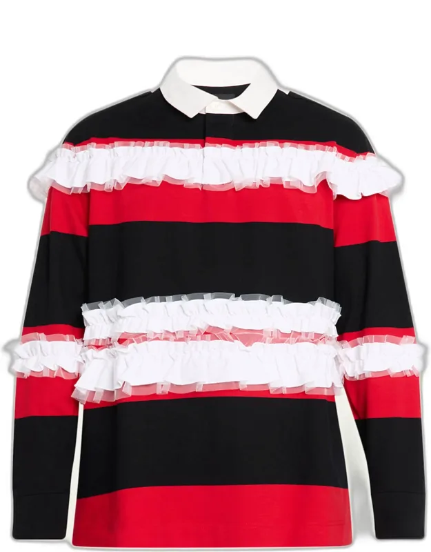 Stripe Ruffle-trim Long-sleeve Polo Shirt