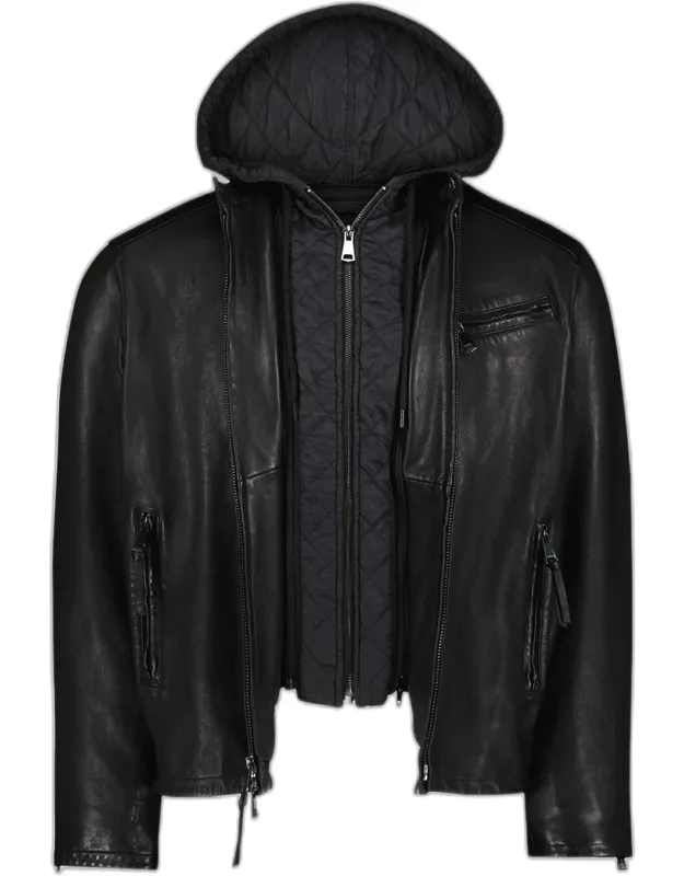 Cedro Leather Moto Jacket With Nylon Hooded Bib
