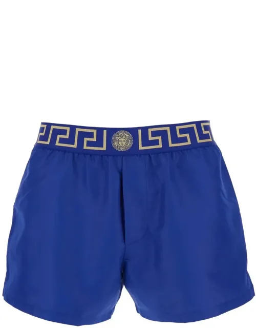 Swim Shorts With Elastic Waist And Greca Motif In Tech Fabric