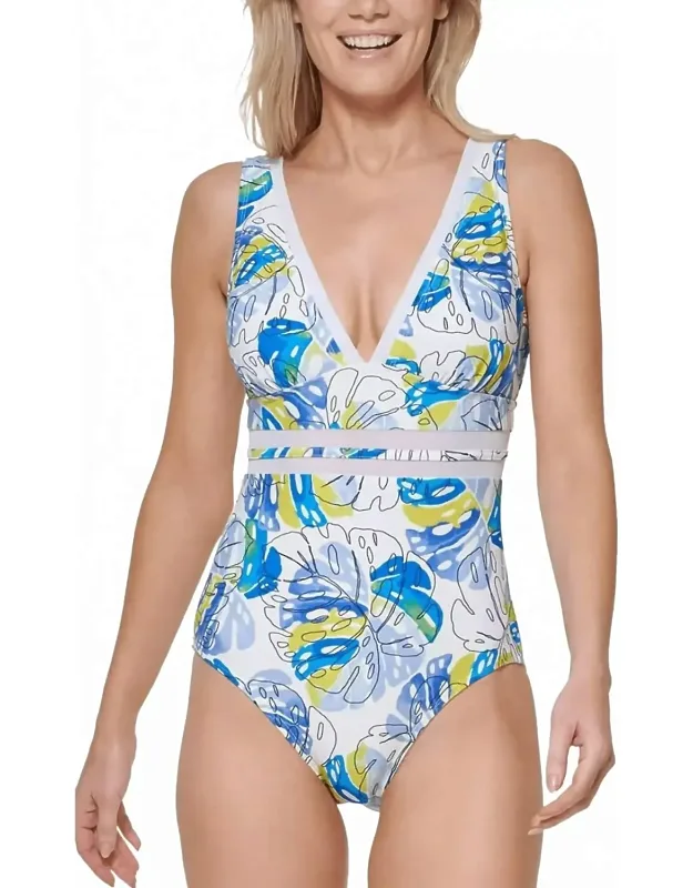 Printed Mesh Inset Plunge One-piece Swimsuit
