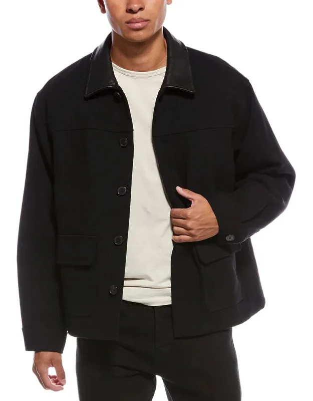 Leather-trim Wool-blend Workwear Jacket