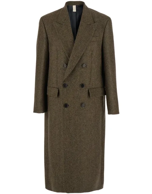 Double-breasted Coat With Peak Revers And Herringbone Motif In Wool