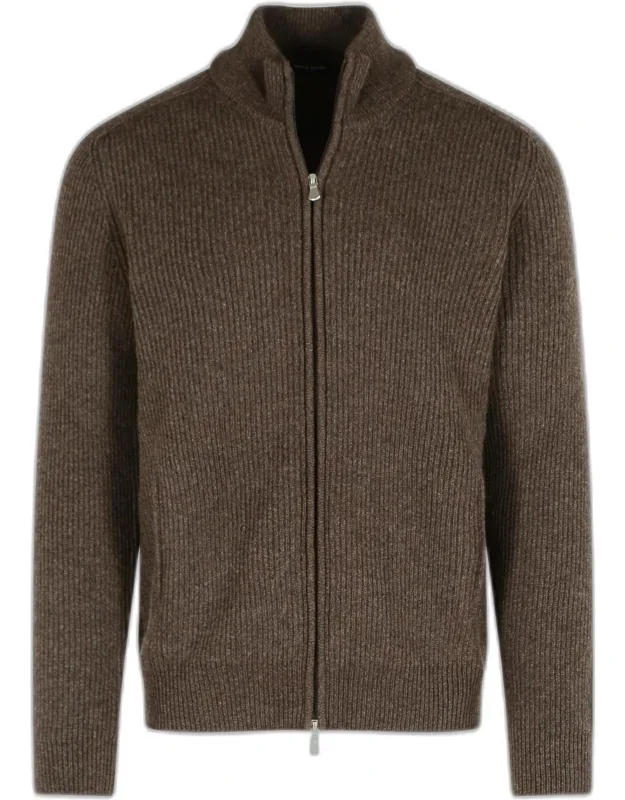 Cashmere Sweater With Ribbed Pattern And Front Zip Closure