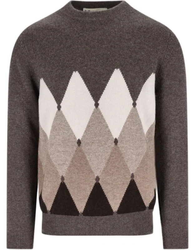 Cashmere Sweater With Multicolor Diamond Design And Ribbed Trim