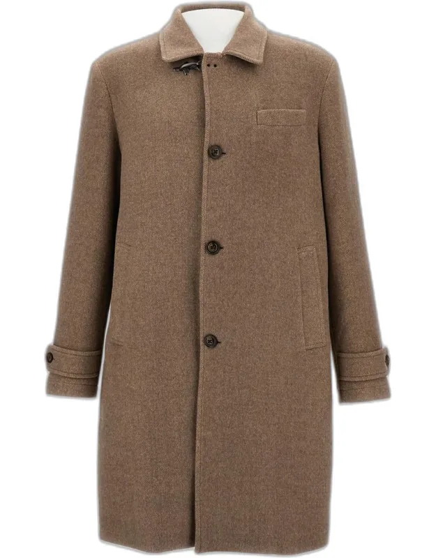 Long Wool Blend Coat With Side Pockets And Front Closure