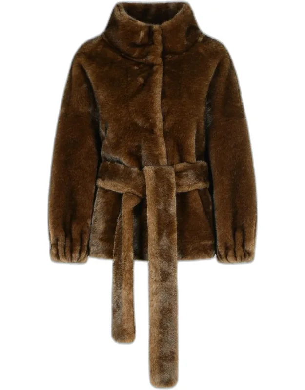 Brown Polyester Faux Fur Coat With Invisible Snap Button Closure And Side Slit Pockets