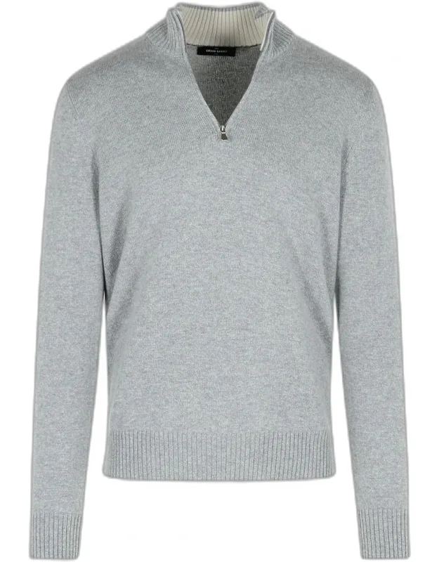 Cashmere Sweater With Ribbed Collar And Zip Closure