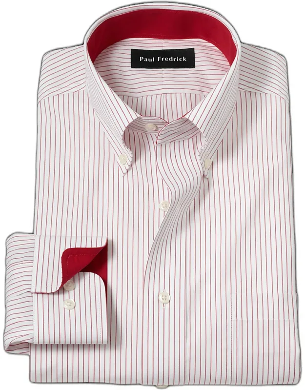 Tailored Fit Non-iron Cotton Stripe Dress Shirt With Contrast Trim, Button Down Collar, Longer Tails Designed To Stay Tucked In