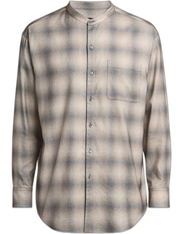 Faded Plaid Cotton And Lyocell Nehru-collar Sport Shirt