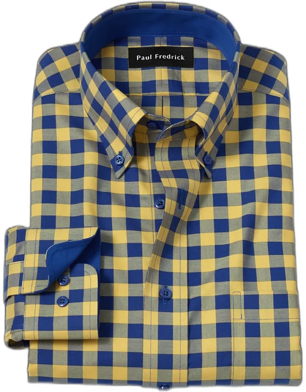 Slim Fit Gingham Dress Shirt With Contrast Trim, Button Down Collar, Longer Tails
