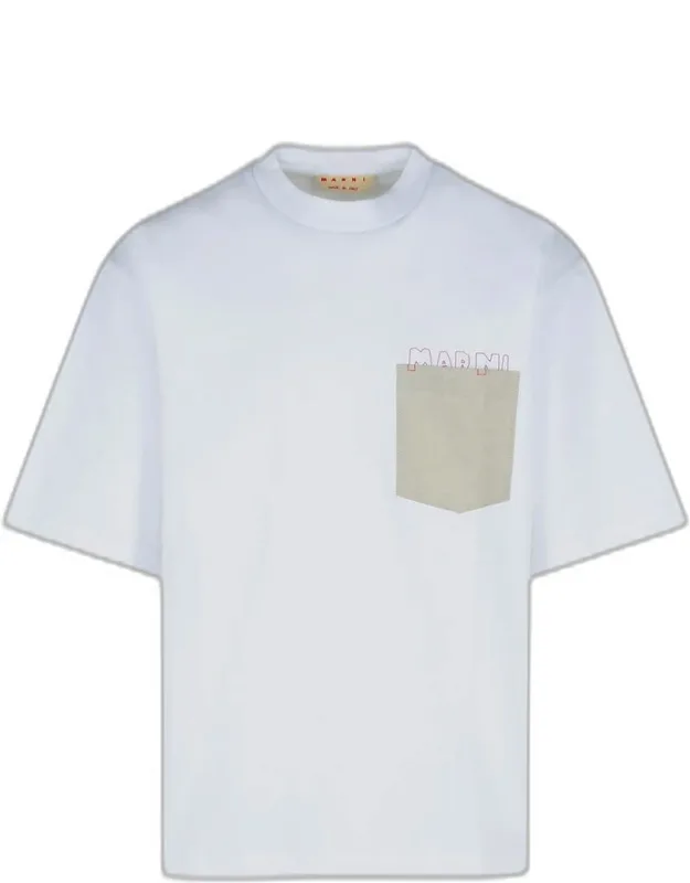 White Cotton T-shirt With Ribbed Crew Neck And Contrast Chest Pocket