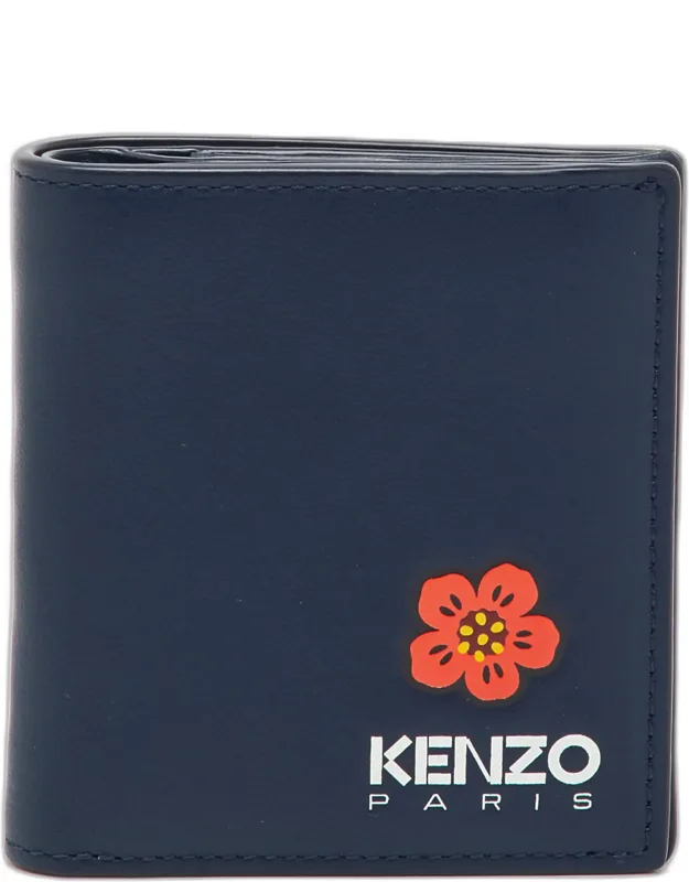 Leather Boke Flower Logo Print Mini Bifold Wallet