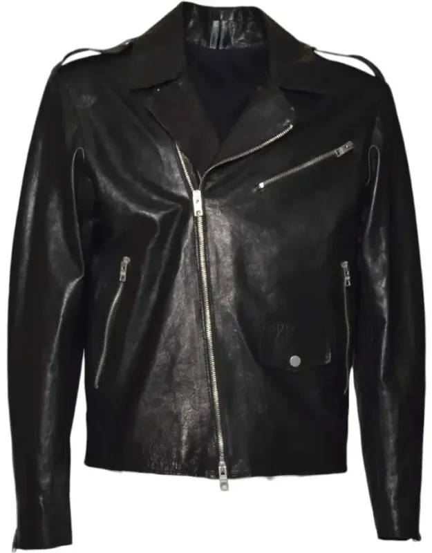 Asymmetrical Leather Jacket With Multi-pocket Design