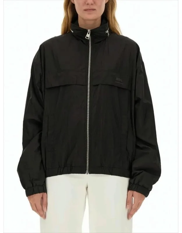 High-collar Jacket With Elastic Hem And Cropped Fit