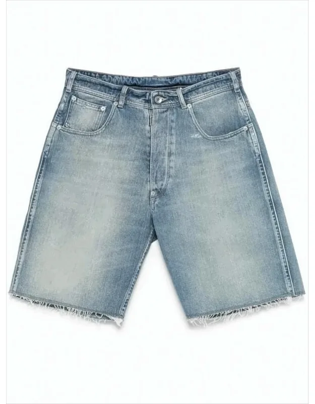 Denim Shorts With Frayed Hems And Adjustable Waistband