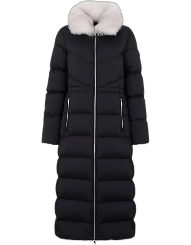 Long Down Puffer Jacket With Removable Shearling Collar