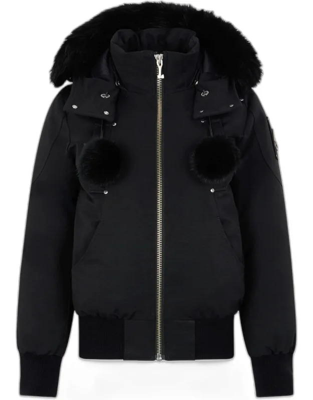 Debbie Bomber Jacket With Detachable Hood, Shearling Trim, & Pom Poms