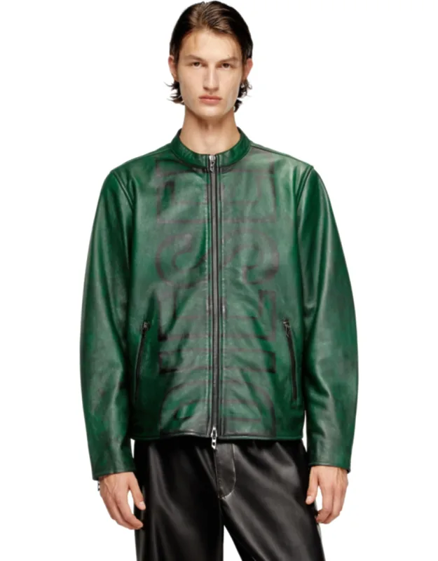 Treated Leather Biker Jacket With Faded Logo