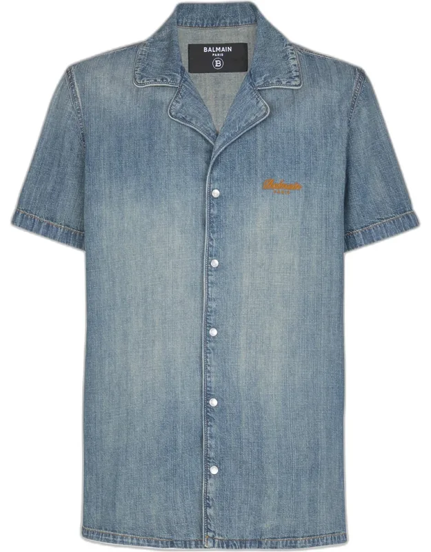 Logo-embroidered Faded Denim Shirt