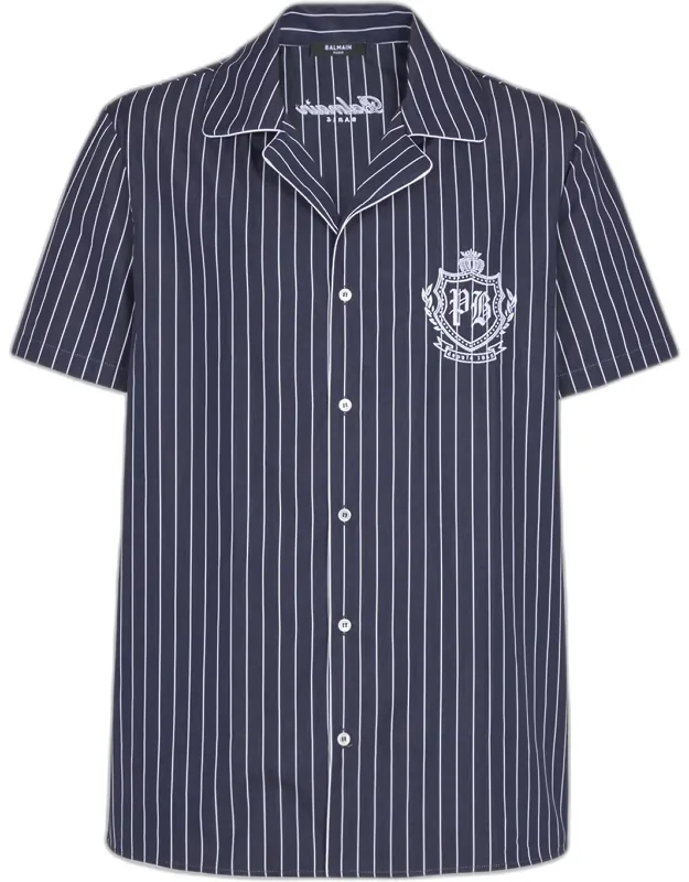 Stripe Poplin College Emblem Short-sleeve Pajama Shirt