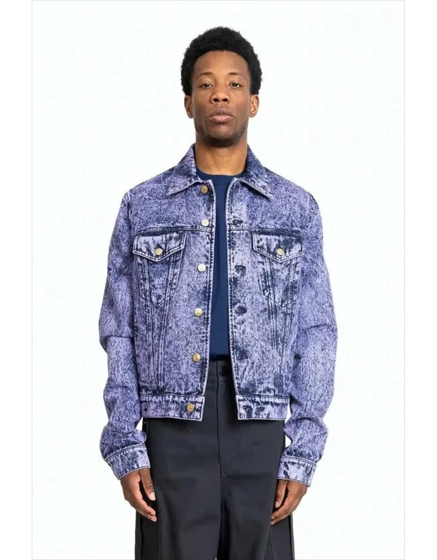 Textured Acid-wash Denim Jacket With Classic Collar And Adjustable Tabs