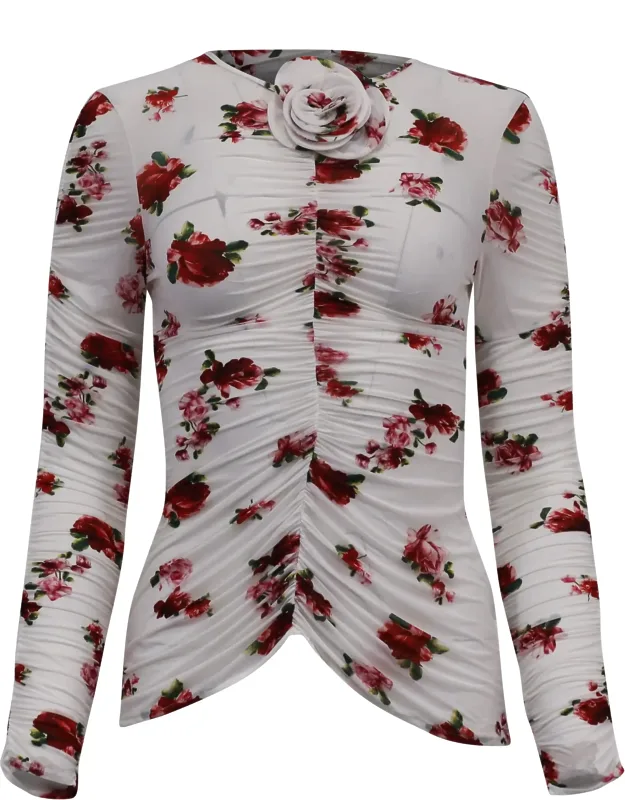 Rose-appliqué Ruched Top