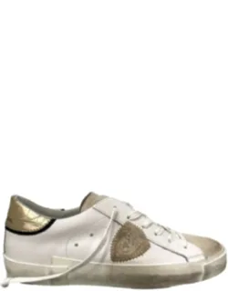 Sneakers With Beige Embossed Logo And Contrasting Suede Tongue