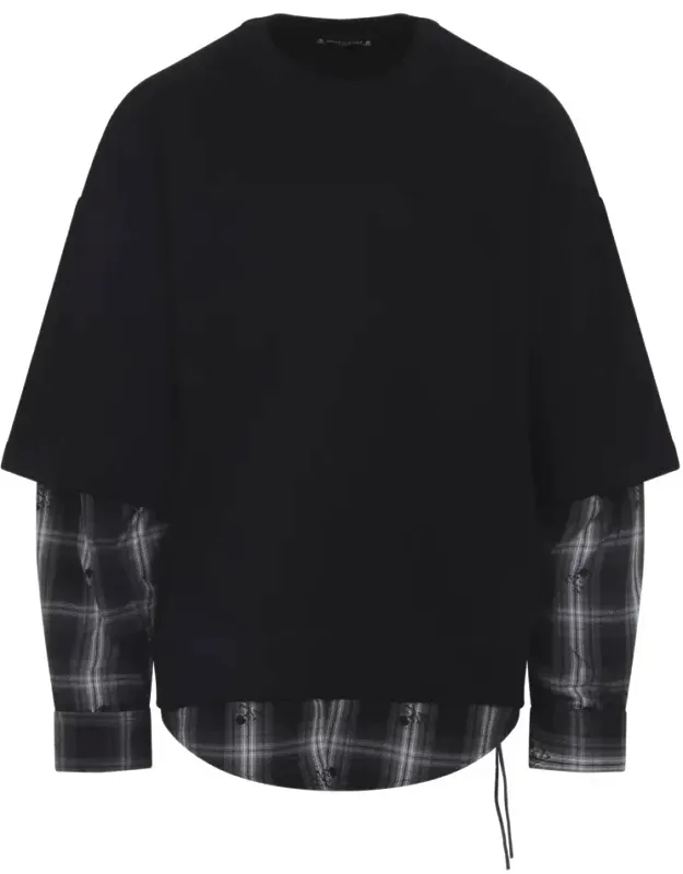 Layered Sweatshirt With Plaid Shirt Overlay