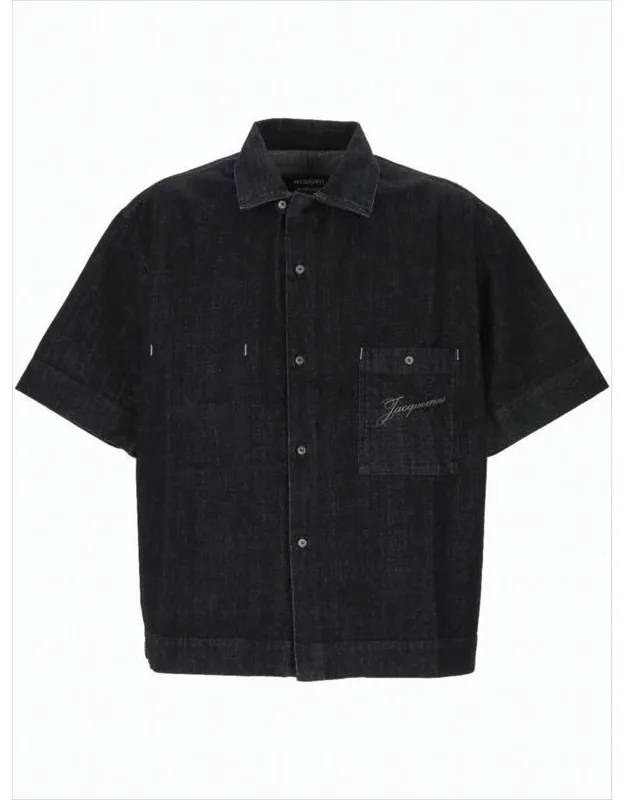 Cropped Boxy Cotton Shirt With Classic Collar And Embroidered Pocket