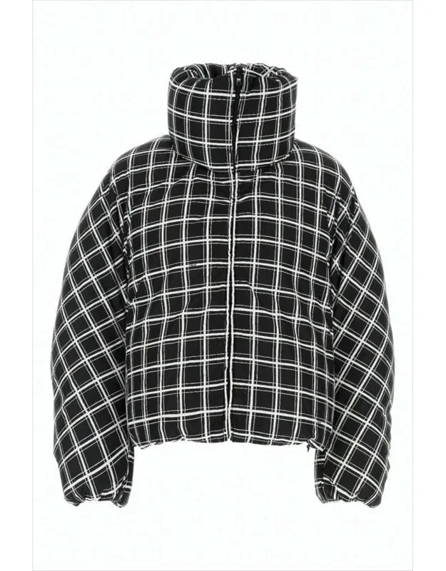 Cropped Puffer Jacket With High Collar And Grid Check Pattern