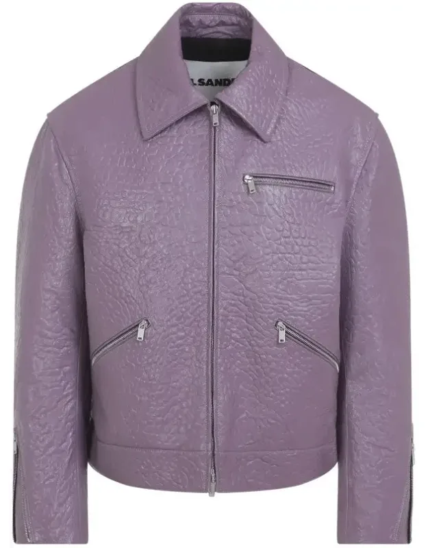 Textured Ovine Leather Jacket With Zip Pockets And Classic Collar