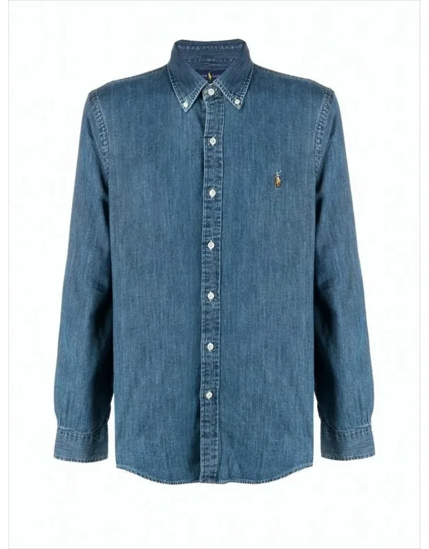 Denim Shirt With Button-down Collar And Embroidered Logo