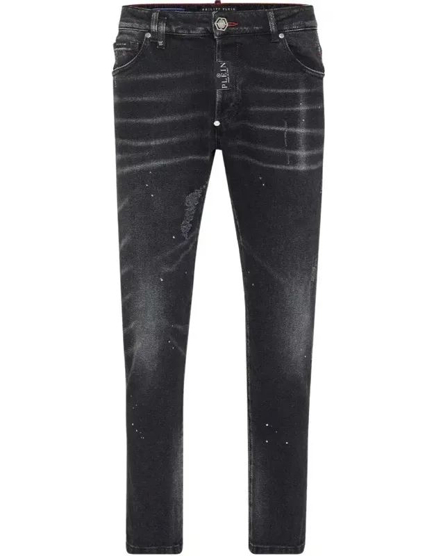 Slim Fit Distressed Denim Jeans With Five-pocket Design