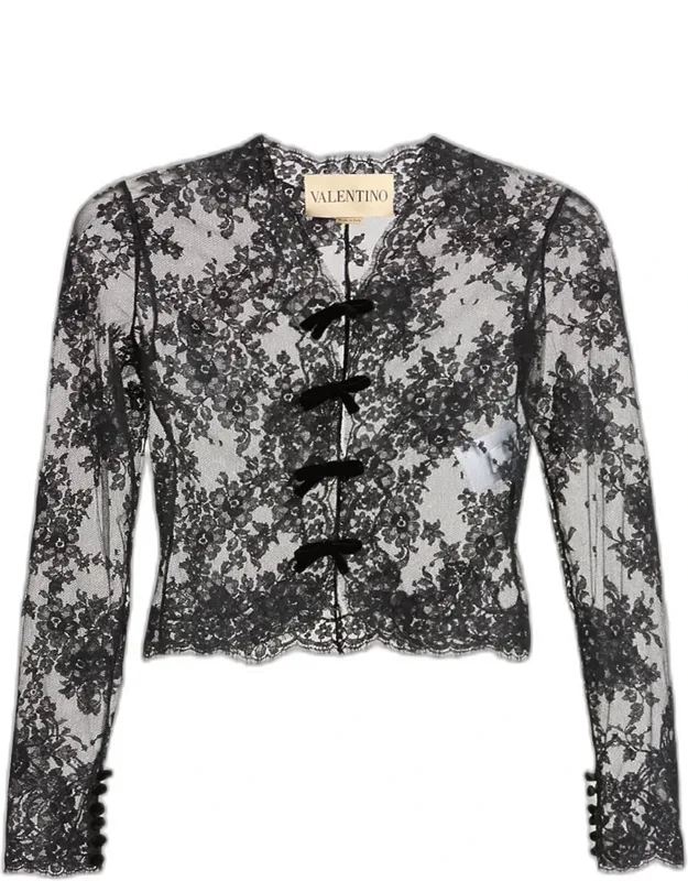 Sheer Lace Bow Long-sleeve Blouse