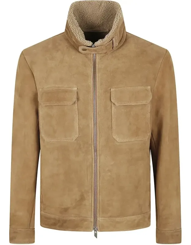 Suede Jacket With Plush Shearling Lining And Front Zip Closure