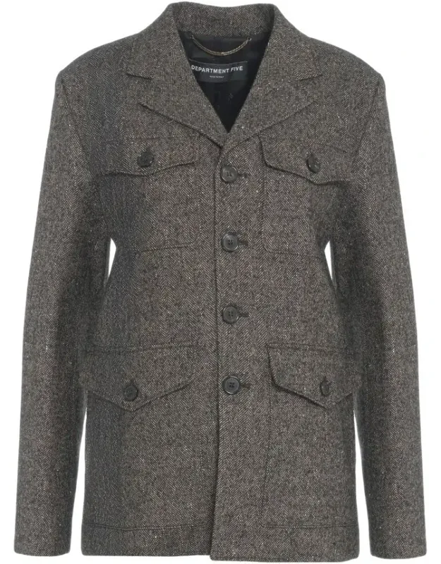 Structured Military-inspired Jacket With Flap Pockets And Herringbone Pattern