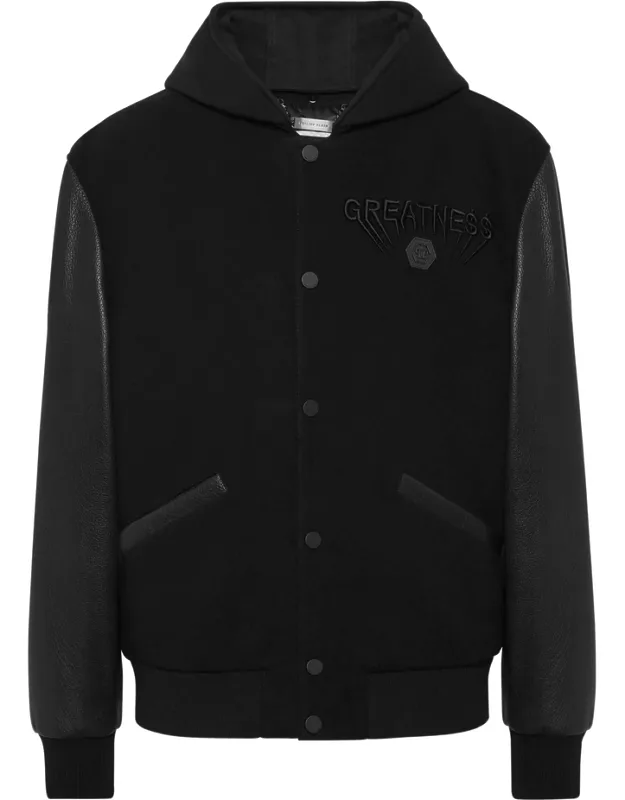 Hooded Leather-sleeve Bomber Jacket